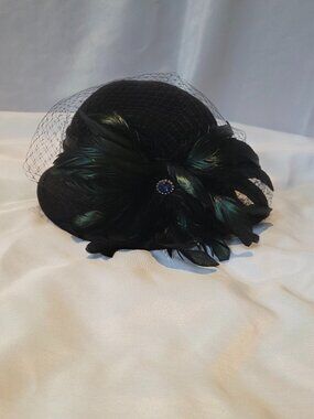 Black Wool Fascinator Hat with Iridescent Feathers & Birdcage Veil